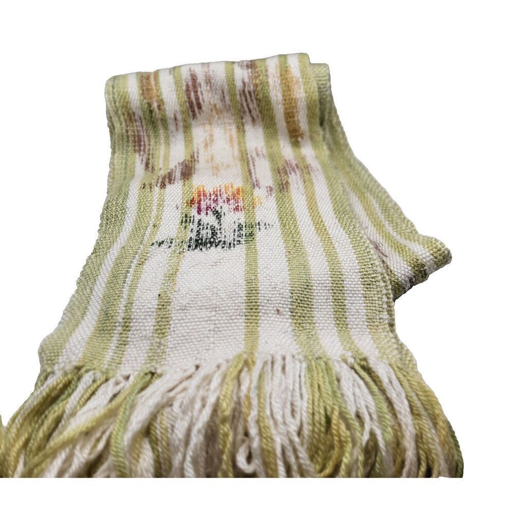 Gorgeous Vintage Handwoven Scarf Green White Flower 6in wide by 90in long